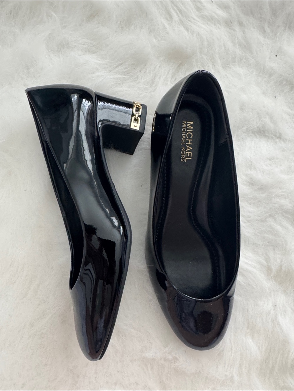 MICHAEL Michael Kors Black Patent Block Heel Pumps with Gold Accent